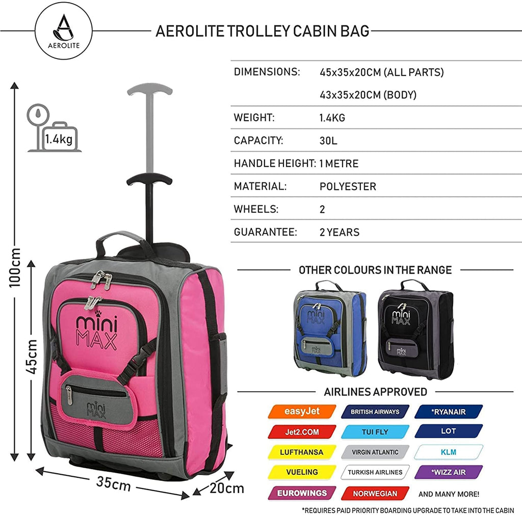MiniMAX (45x36x20cm) Easyjet Maximum Cabin Trolley/Carry On Suitcase with Backpack and Pouch, Pack The Max
