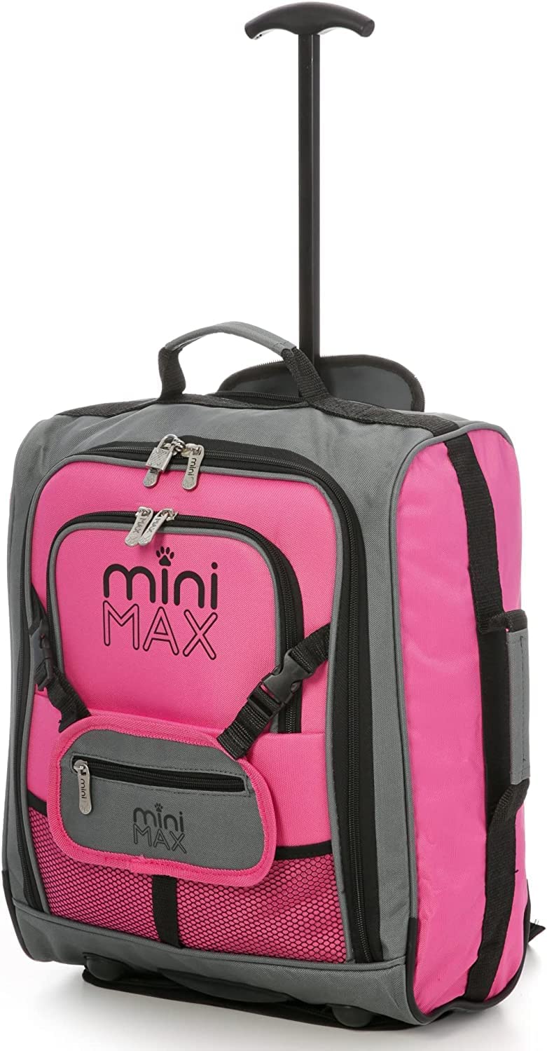 MiniMAX Childrens/Kids Luggage Carry On Trolley Suitcase with Backpack and Pouch for Your Favourite Doll/Action Figure/Bear Pink Set of 2