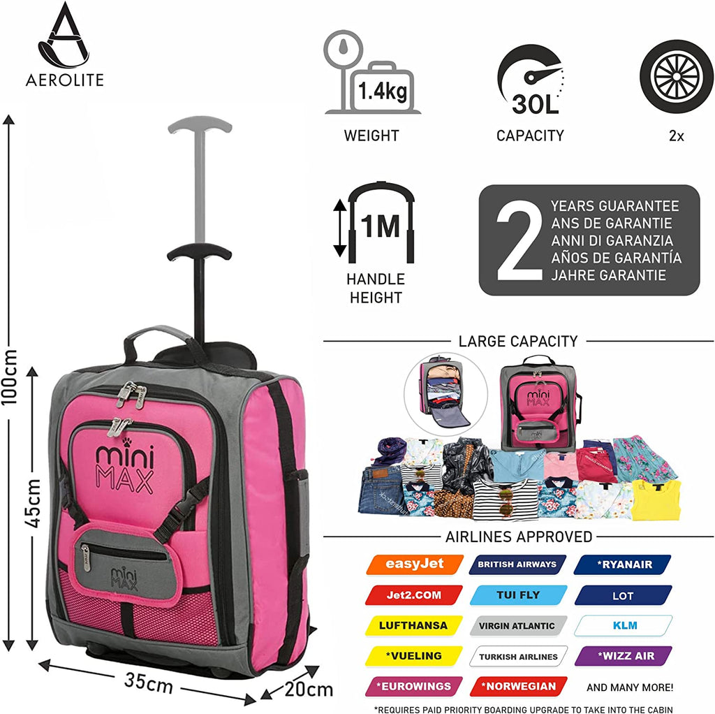 MiniMAX Childrens/Kids Luggage Carry On Trolley Suitcase with Backpack and Pouch for Your Favourite Doll/Action Figure/Bear (Pink + Teddy / Blue + Teddy)