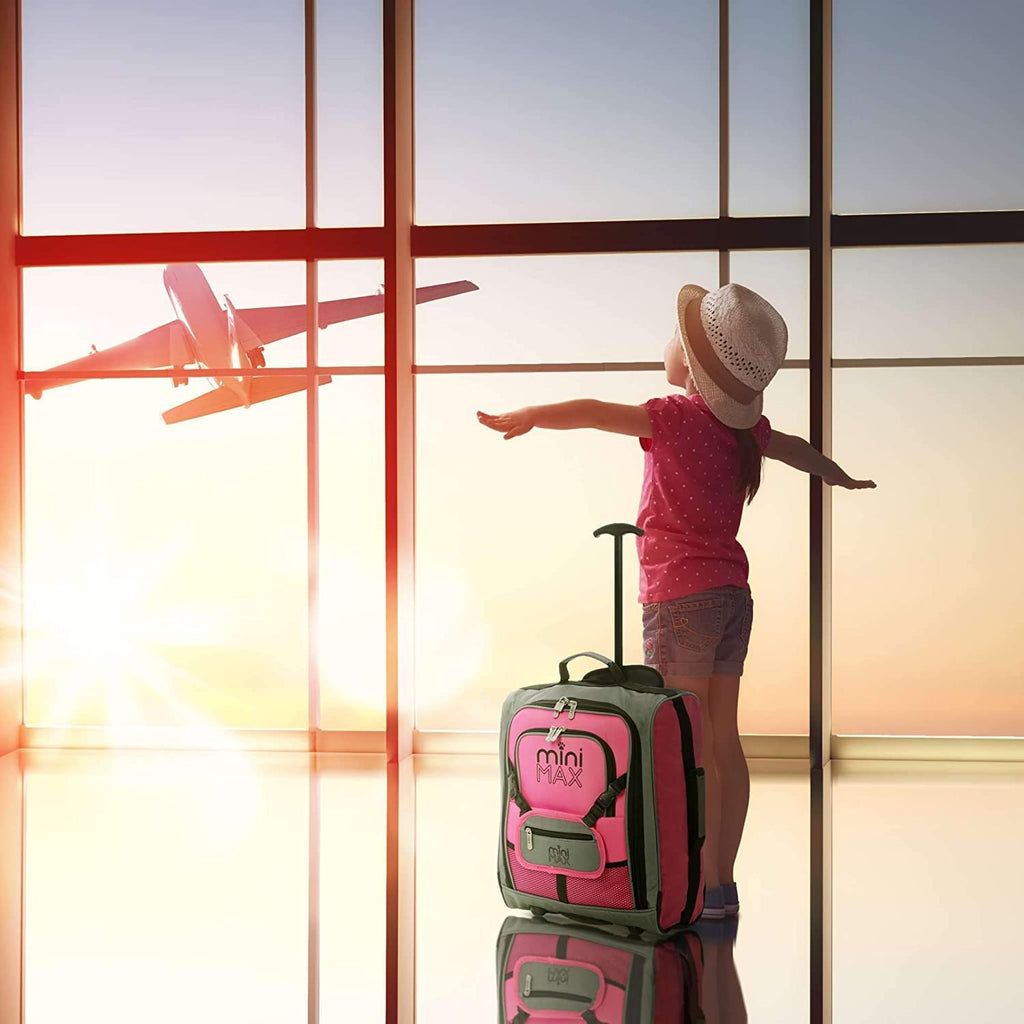 MiniMAX Childrens/Kids Luggage Carry On Trolley Suitcase with Backpack and Pouch for Your Favourite Doll/Action Figure/Bear Pink + Blue