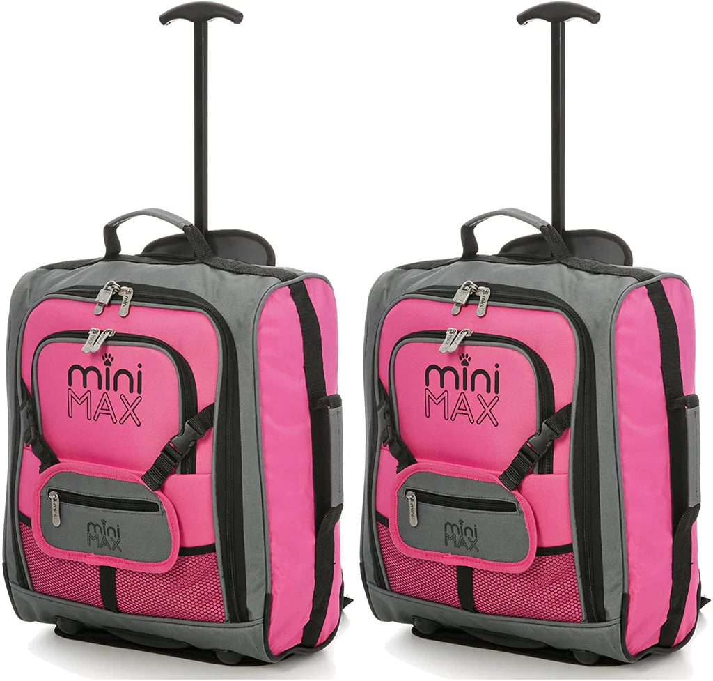 MiniMAX Childrens/Kids Luggage Carry On Trolley Suitcase with Backpack and Pouch for Your Favourite Doll/Action Figure/Bear Pink Set of 2