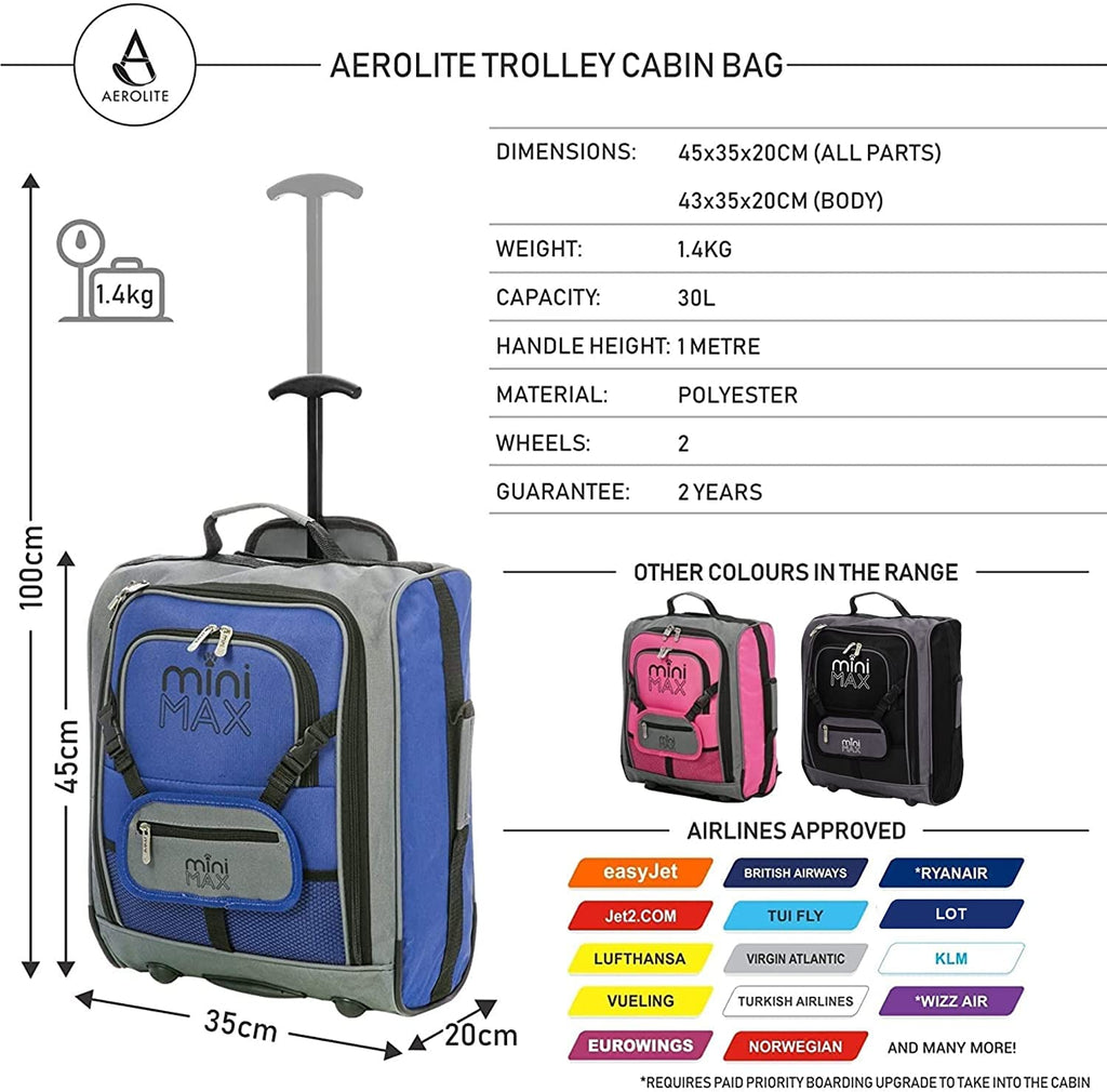MiniMAX Childrens/Kids Luggage Carry On Trolley Suitcase with Backpack and Pouch for Your Favourite Doll/Action Figure/Bear (Blue/Teddy)