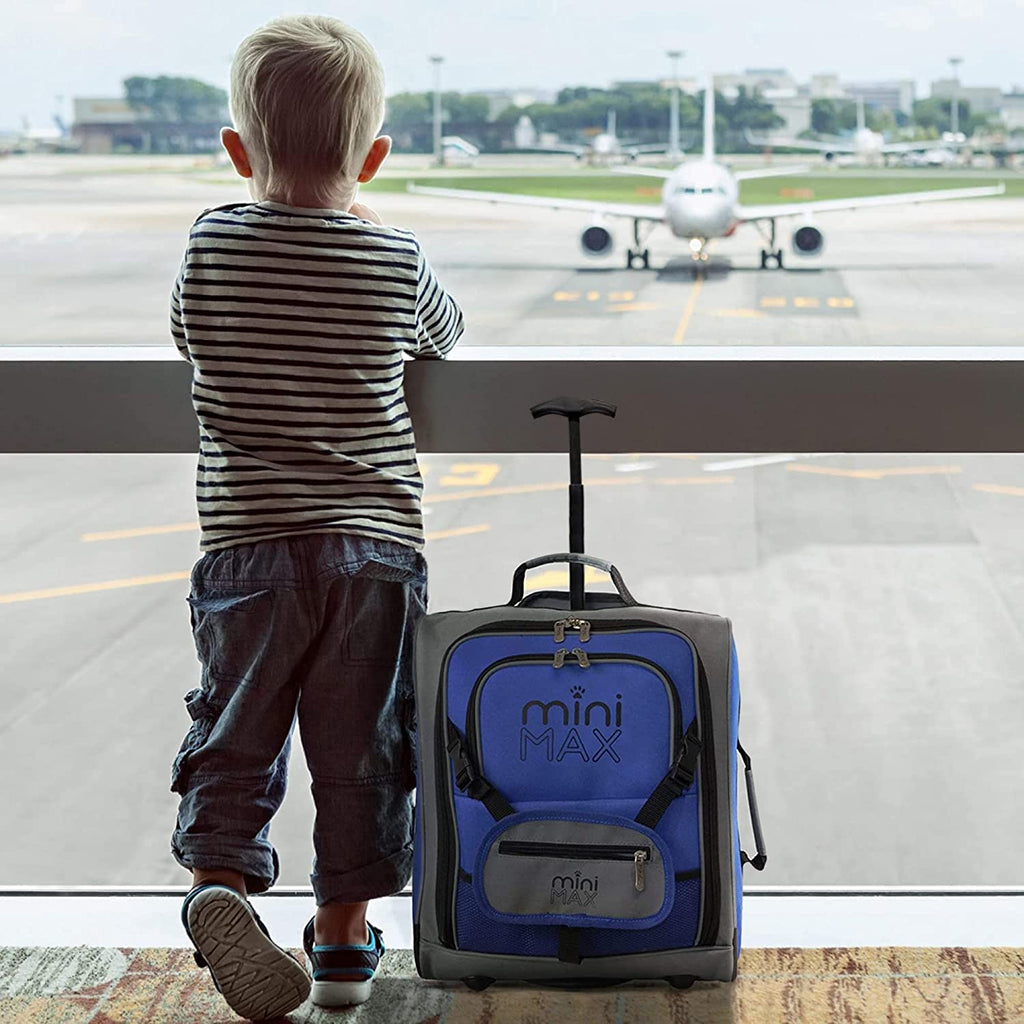MiniMAX Childrens/Kids Luggage Carry On Trolley Suitcase with Backpack and Pouch for Your Favourite Doll/Action Figure/Bear (Blue/Teddy)