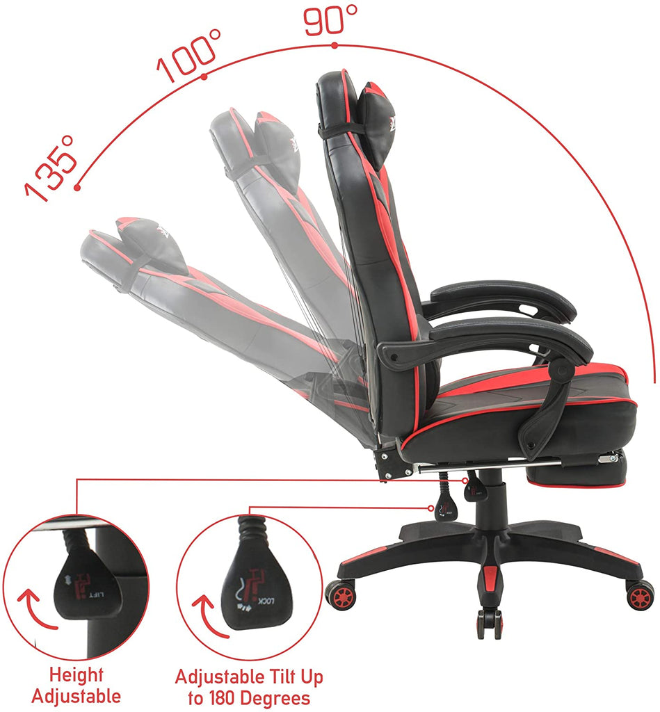 Olsen & Smith XTREME New and Improved 2022 Model Gaming Chair Ergonomic Office Desk PC Computer Recliner Swivel Chair Detachable Padded Head Rest Lumbar Support Cushion & Footrest (Black/Red)