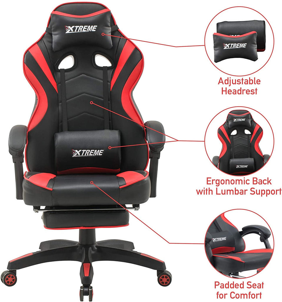 Olsen & Smith XTREME New and Improved 2022 Model Gaming Chair Ergonomic Office Desk PC Computer Recliner Swivel Chair Detachable Padded Head Rest Lumbar Support Cushion & Footrest (Black/Red)