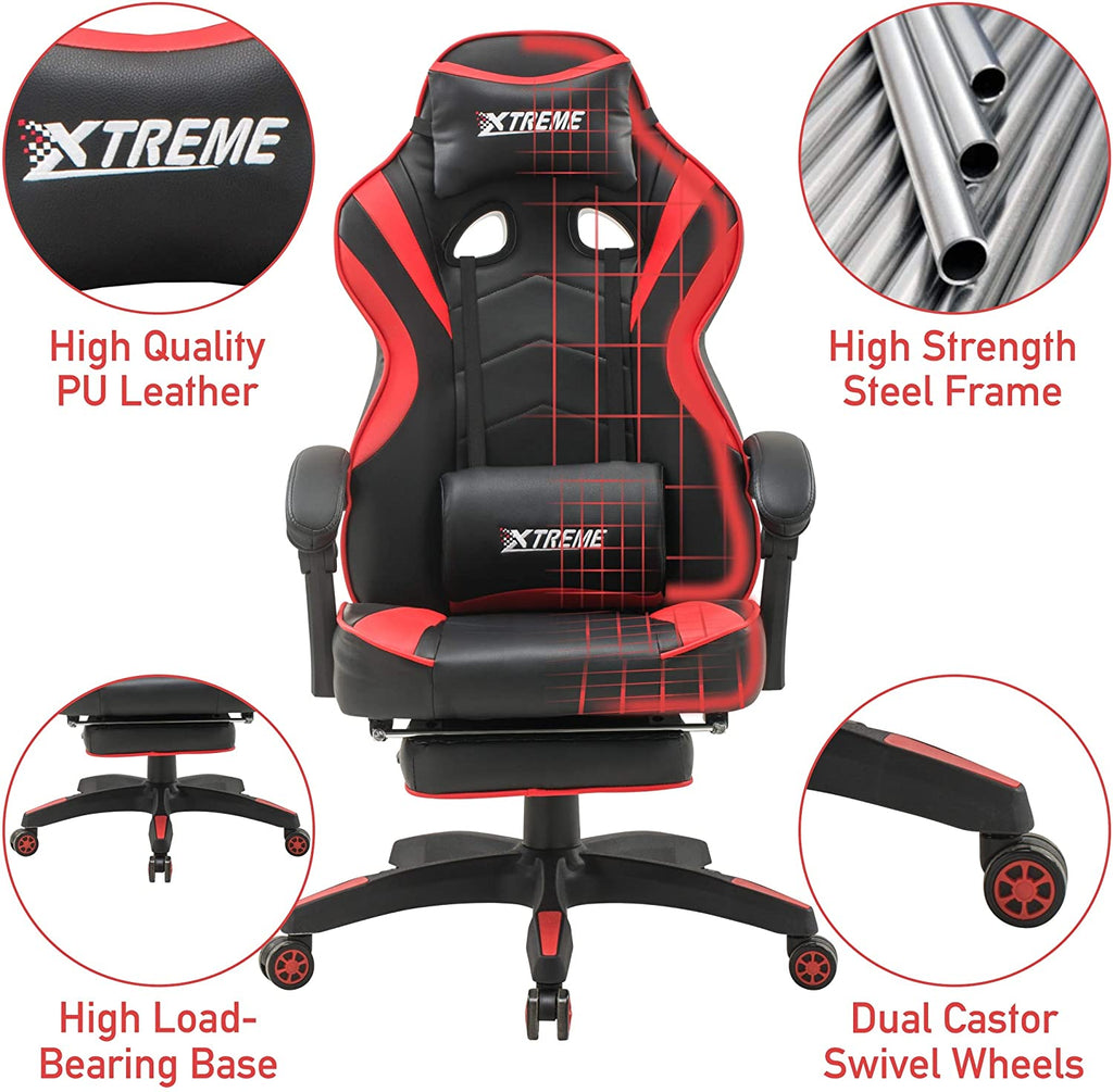 Olsen & Smith XTREME New and Improved 2022 Model Gaming Chair Ergonomic Office Desk PC Computer Recliner Swivel Chair Detachable Padded Head Rest Lumbar Support Cushion & Footrest (Black/Red)