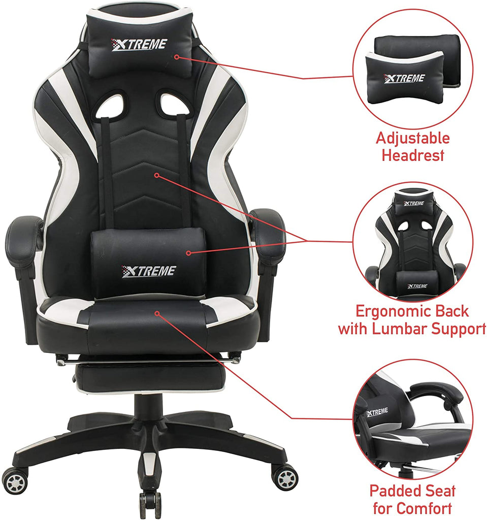 Olsen & Smith XTREME New and Improved 2022 Model Gaming Chair Ergonomic Office Desk PC Computer Recliner Swivel Chair Detachable Padded Head Rest Lumbar Support Cushion & Footrest (Black/White)