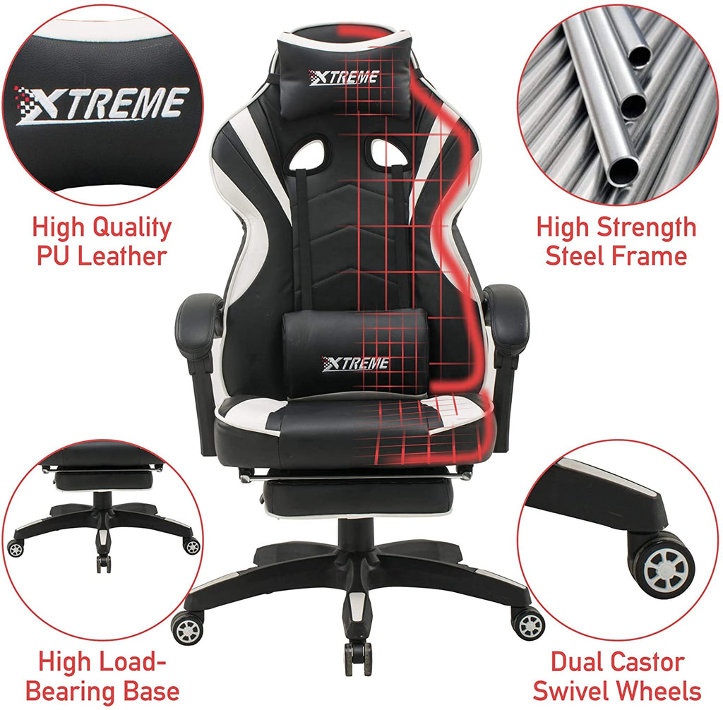 Olsen & Smith XTREME New and Improved 2022 Model Gaming Chair Ergonomic Office Desk PC Computer Recliner Swivel Chair Detachable Padded Head Rest Lumbar Support Cushion & Footrest (Black/White)