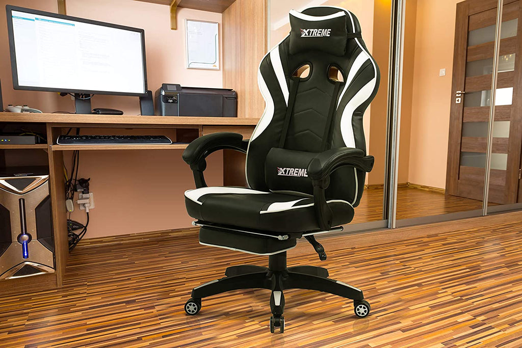 Olsen & Smith XTREME New and Improved 2022 Model Gaming Chair Ergonomic Office Desk PC Computer Recliner Swivel Chair Detachable Padded Head Rest Lumbar Support Cushion & Footrest (Black/White)