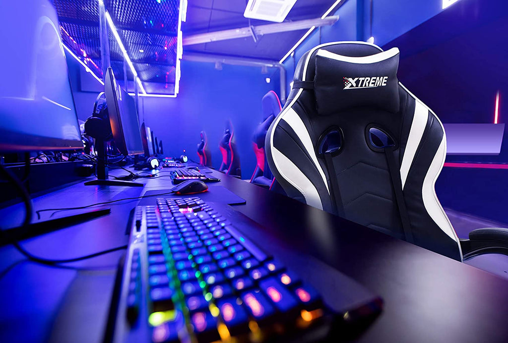 Olsen & Smith XTREME New and Improved 2022 Model Gaming Chair Ergonomic Office Desk PC Computer Recliner Swivel Chair Detachable Padded Head Rest Lumbar Support Cushion & Footrest (Black/White)