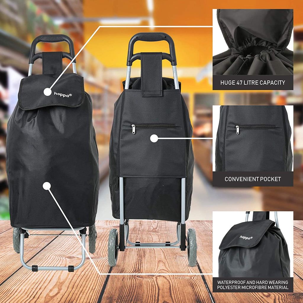 Hoppa 47L Lightweight Shopping Trolley, Hard Wearing & Foldaway for Easy Storage with 3 Years Guarantee Black Set of 2
