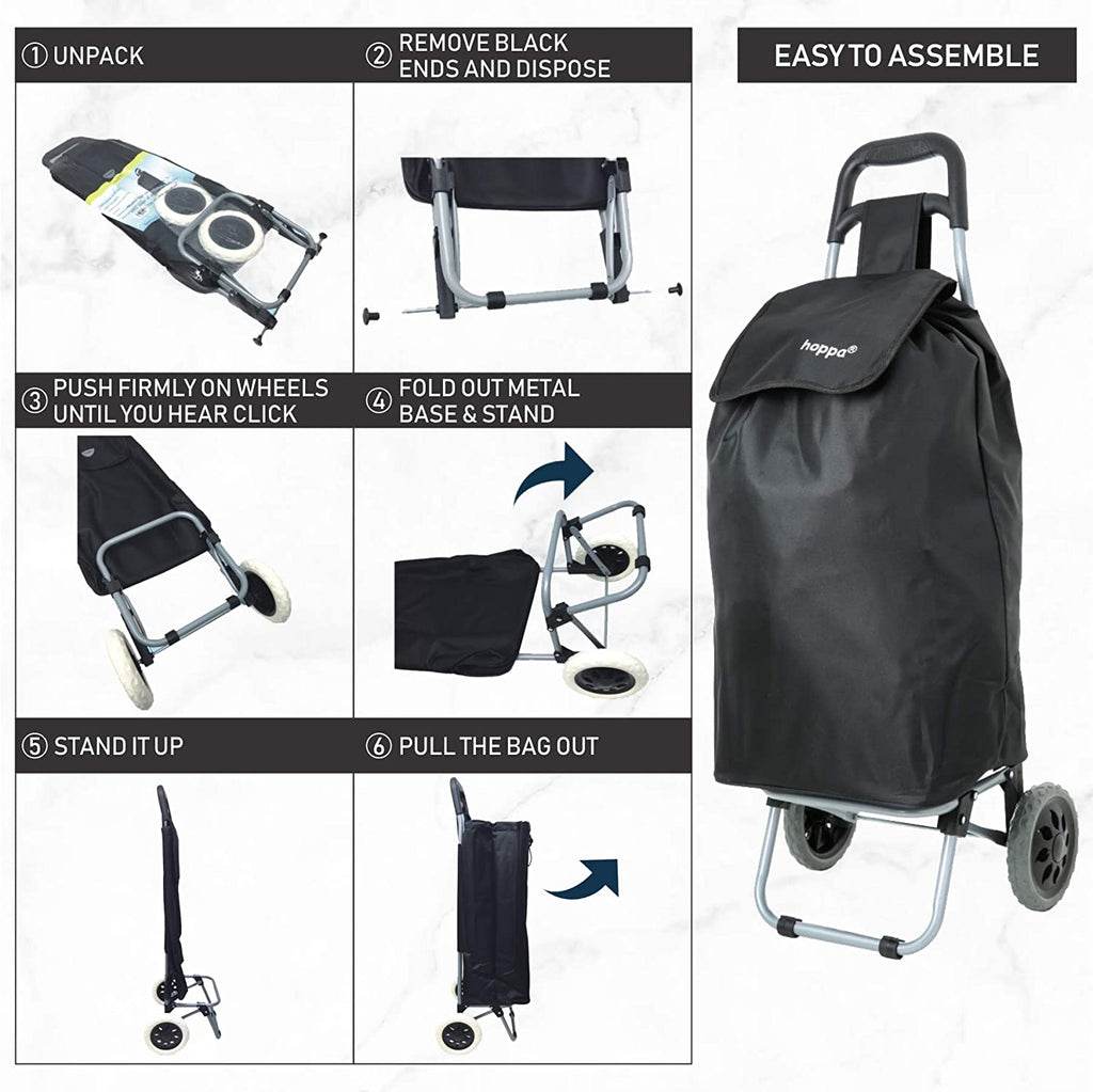 Hoppa 47L Lightweight Shopping Trolley, Hard Wearing & Foldaway for Easy Storage with 3 Years Guarantee Black Set of 2