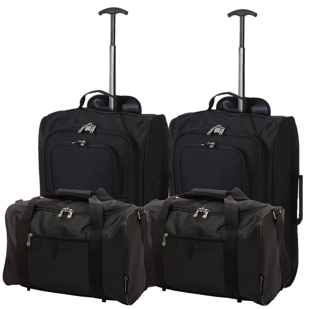 Set of 4 Hand Luggage Set Including 2X Ryanair Cabin Approved 55x40x20cm Trolley Bag & 2X Ryanair Maximum 40x20x25Holdall Under Seat Flight Bag (Black + Black)
