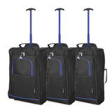 Set of 3 Super Lightweight 5 Cities 21"/55cm Cabin Approved Carry On 2 Wheel Suitcase Trolley Bags Hand Luggage with Sturdy Frame Blue + Black