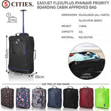 Set of 3 Super Lightweight 5 Cities 21"/55cm Cabin Approved Carry On 2 Wheel Suitcase Trolley Bags Hand Luggage with Sturdy Frame Blue + Black