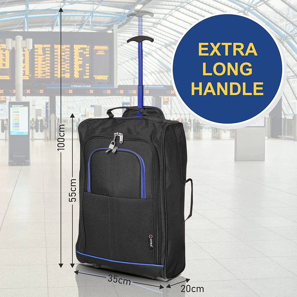 Set of 3 Super Lightweight 5 Cities 21"/55cm Cabin Approved Carry On 2 Wheel Suitcase Trolley Bags Hand Luggage with Sturdy Frame Blue + Black