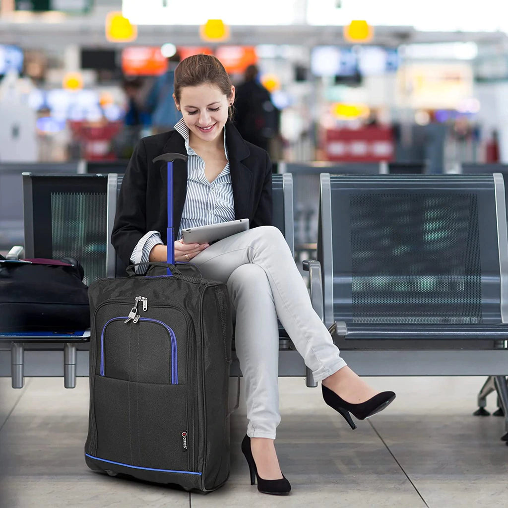 Set of 3 Super Lightweight 5 Cities 21"/55cm Cabin Approved Carry On 2 Wheel Suitcase Trolley Bags Hand Luggage with Sturdy Frame Blue + Black
