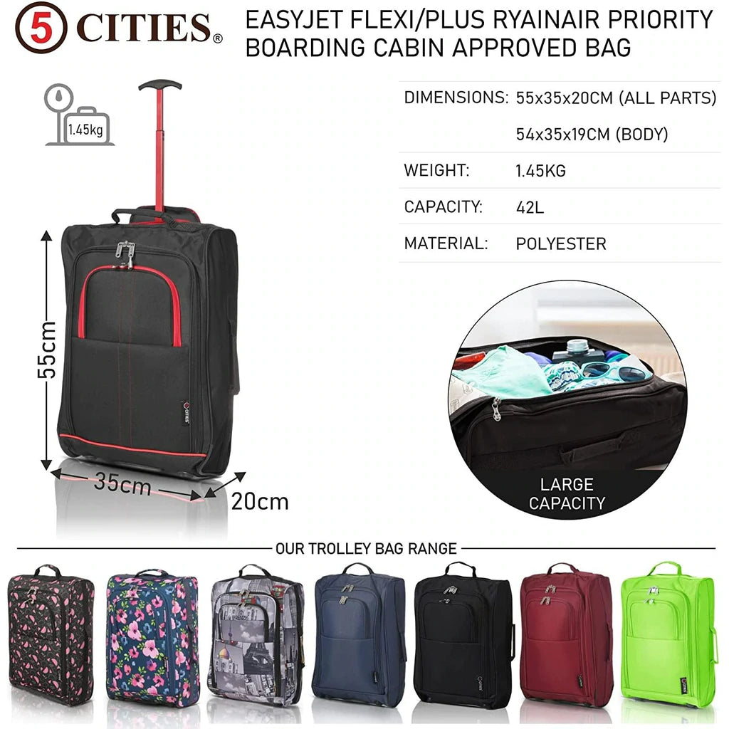 Set of 3 Super Lightweight 5 Cities 21"/55cm Cabin Approved Carry On 2 Wheel Suitcase Trolley Bags Hand Luggage with Sturdy Frame Red + Black