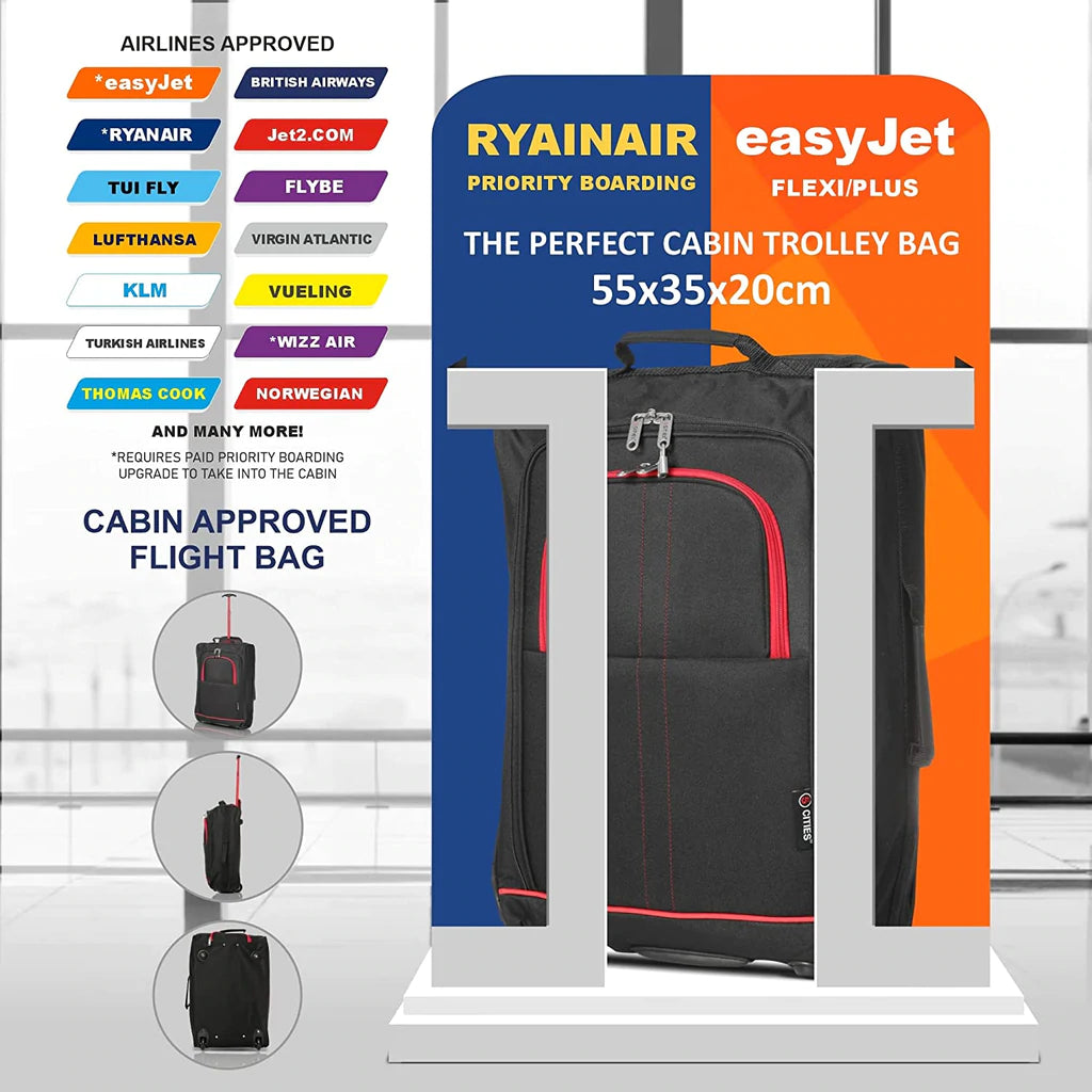 Set of 3 Super Lightweight 5 Cities 21"/55cm Cabin Approved Carry On 2 Wheel Suitcase Trolley Bags Hand Luggage with Sturdy Frame Red + Black