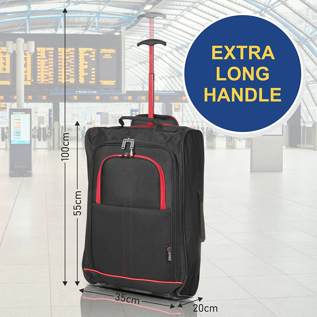 Set of 3 Super Lightweight 5 Cities 21"/55cm Cabin Approved Carry On 2 Wheel Suitcase Trolley Bags Hand Luggage with Sturdy Frame Red + Black