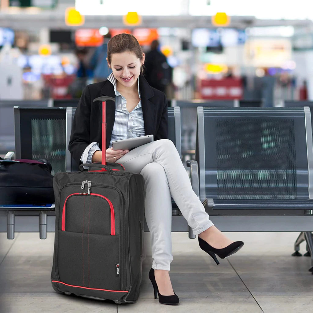 Set of 3 Super Lightweight 5 Cities 21"/55cm Cabin Approved Carry On 2 Wheel Suitcase Trolley Bags Hand Luggage with Sturdy Frame Red + Black