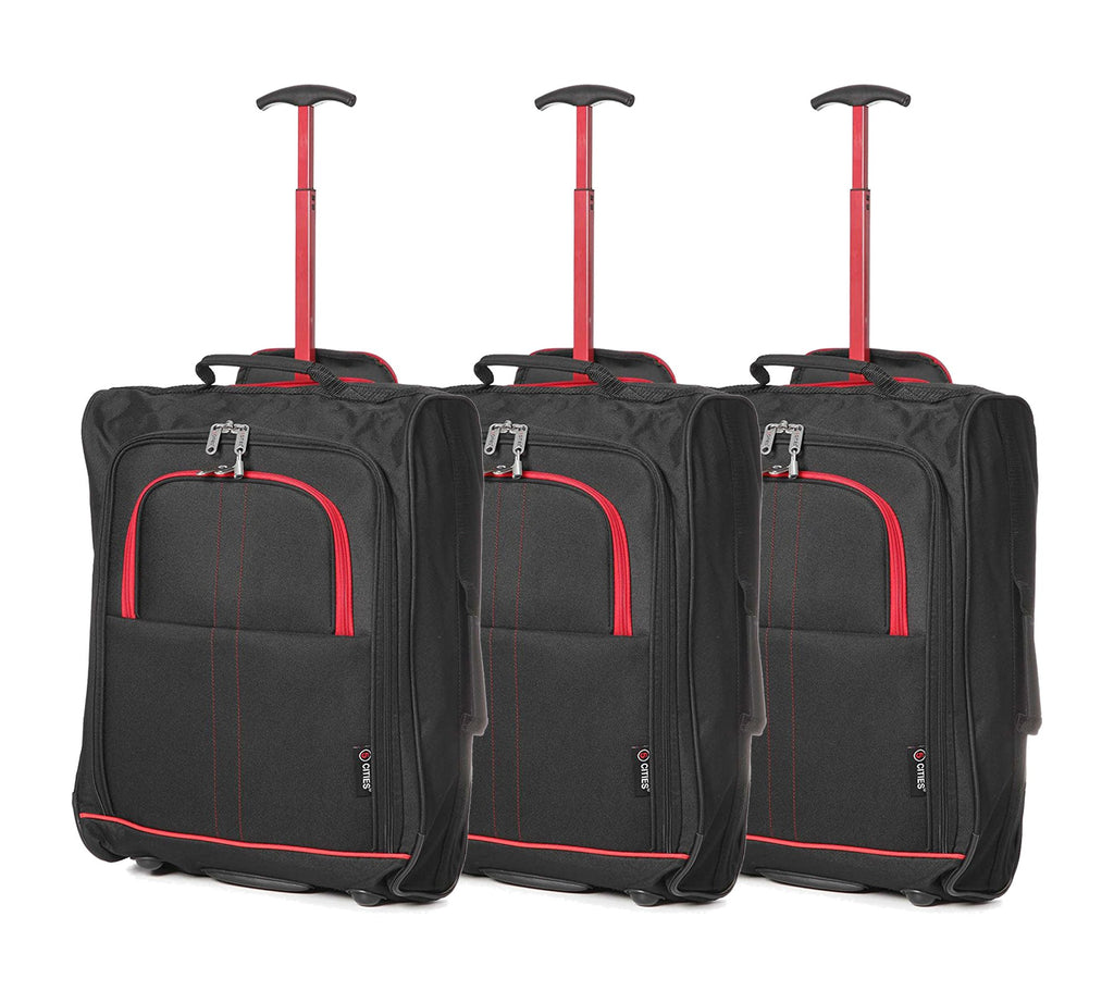 Set of 3 Super Lightweight 5 Cities 21"/55cm Cabin Approved Carry On 2 Wheel Suitcase Trolley Bags Hand Luggage with Sturdy Frame Red + Black