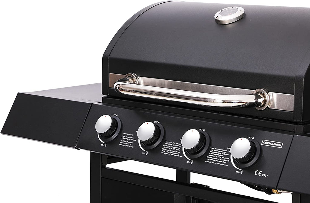 Olsen & Smith 4+1 Gas Burner Garden Outdoor BBQ Barbecue Grill 4 Burners with Side Burner Hotplate & Storage 2 Wheels - Black