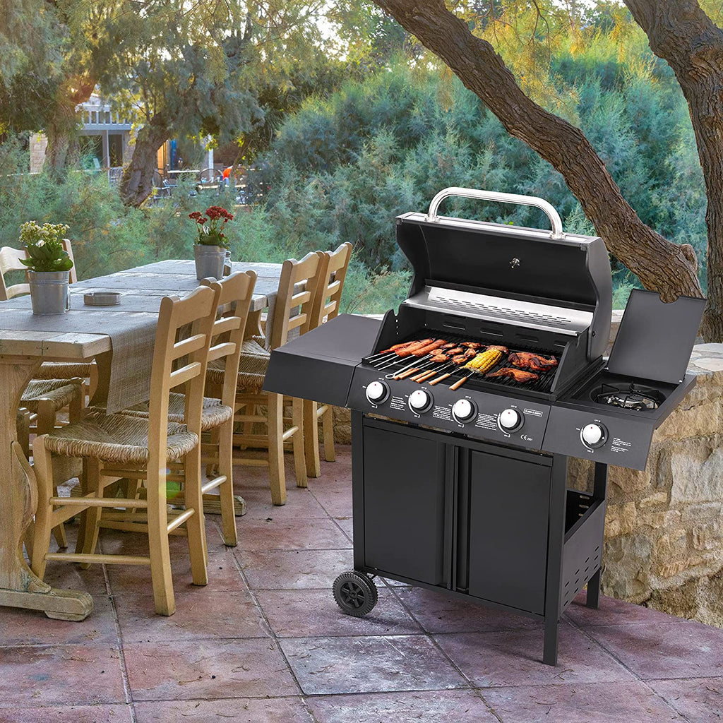 Olsen & Smith 4+1 Gas Burner Garden Outdoor BBQ Barbecue Grill 4 Burners with Side Burner Hotplate & Storage 2 Wheels - Black