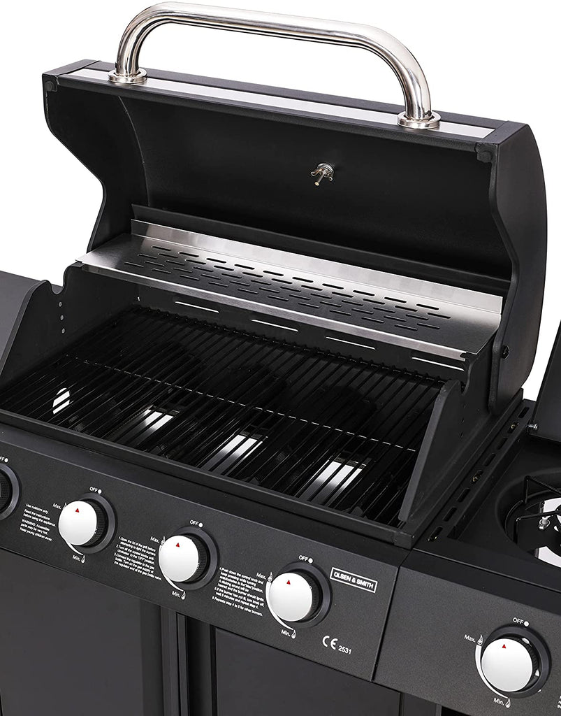 Olsen & Smith 4+1 Gas Burner Garden Outdoor BBQ Barbecue Grill 4 Burners with Side Burner Hotplate & Storage 2 Wheels - Black