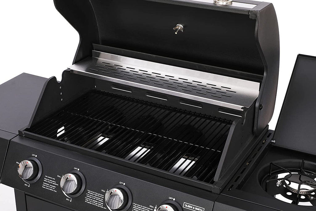 Olsen & Smith 4+1 Gas Burner Garden Outdoor BBQ Barbecue Grill 4 Burners with Side Burner Hotplate & Storage 2 Wheels - Black