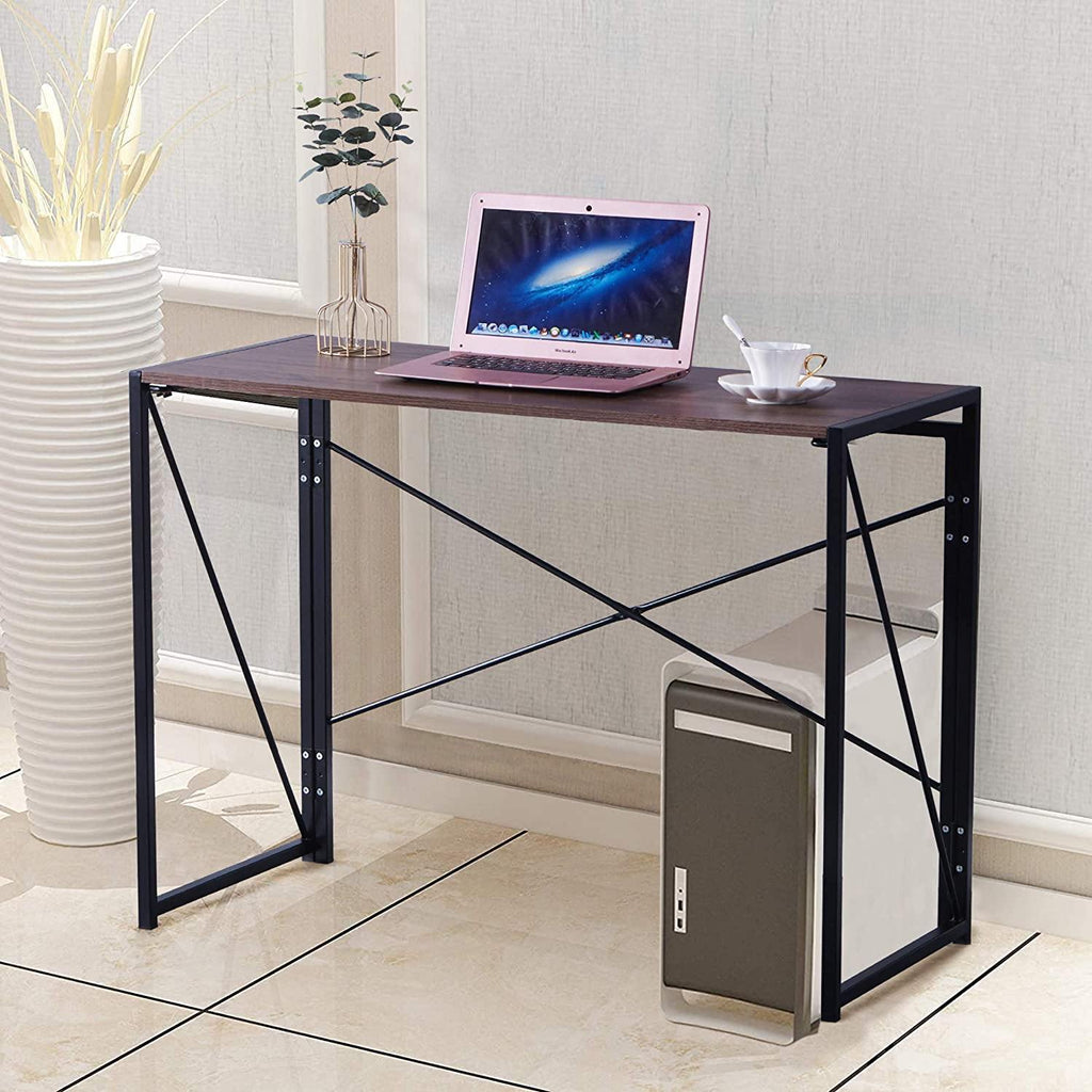 Folding Computer Desk Table, Compact Foldable Home Office Computer PC Laptop Workstation Desk Table for Home Office, Wood & Metal, Brown Black - Packed Direct UK