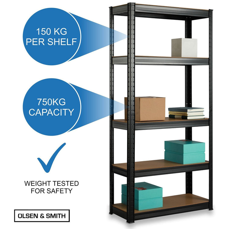 Heavy Duty 5 Tier Steel & Wood Garage Shelving Unit 150cm x 70cm x 30cm Racking Utility Shelves Units For Storage For Home Workshop Shed Office Black - Packed Direct UK