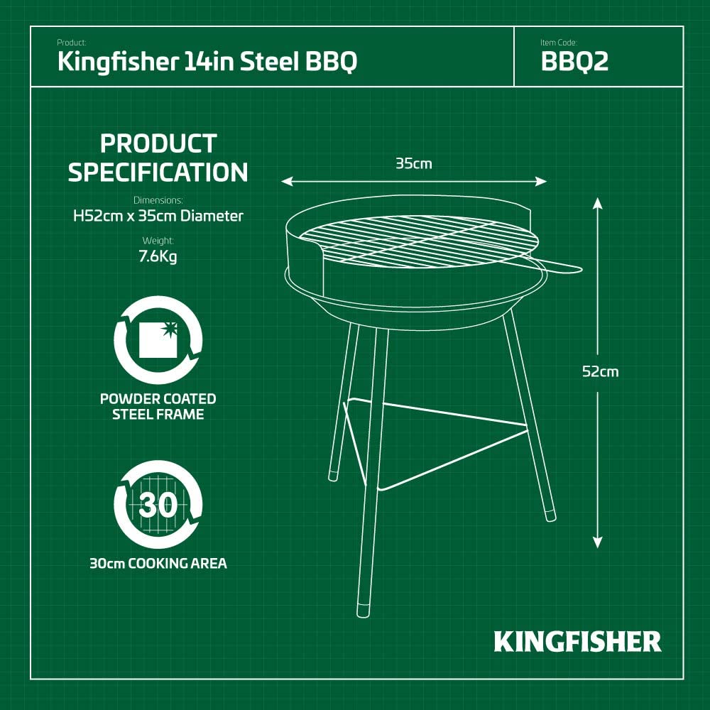Kingfisher 14in Round Circular Steel Portable Home Garden BBQ Barbeque Grill - Packed Direct UK