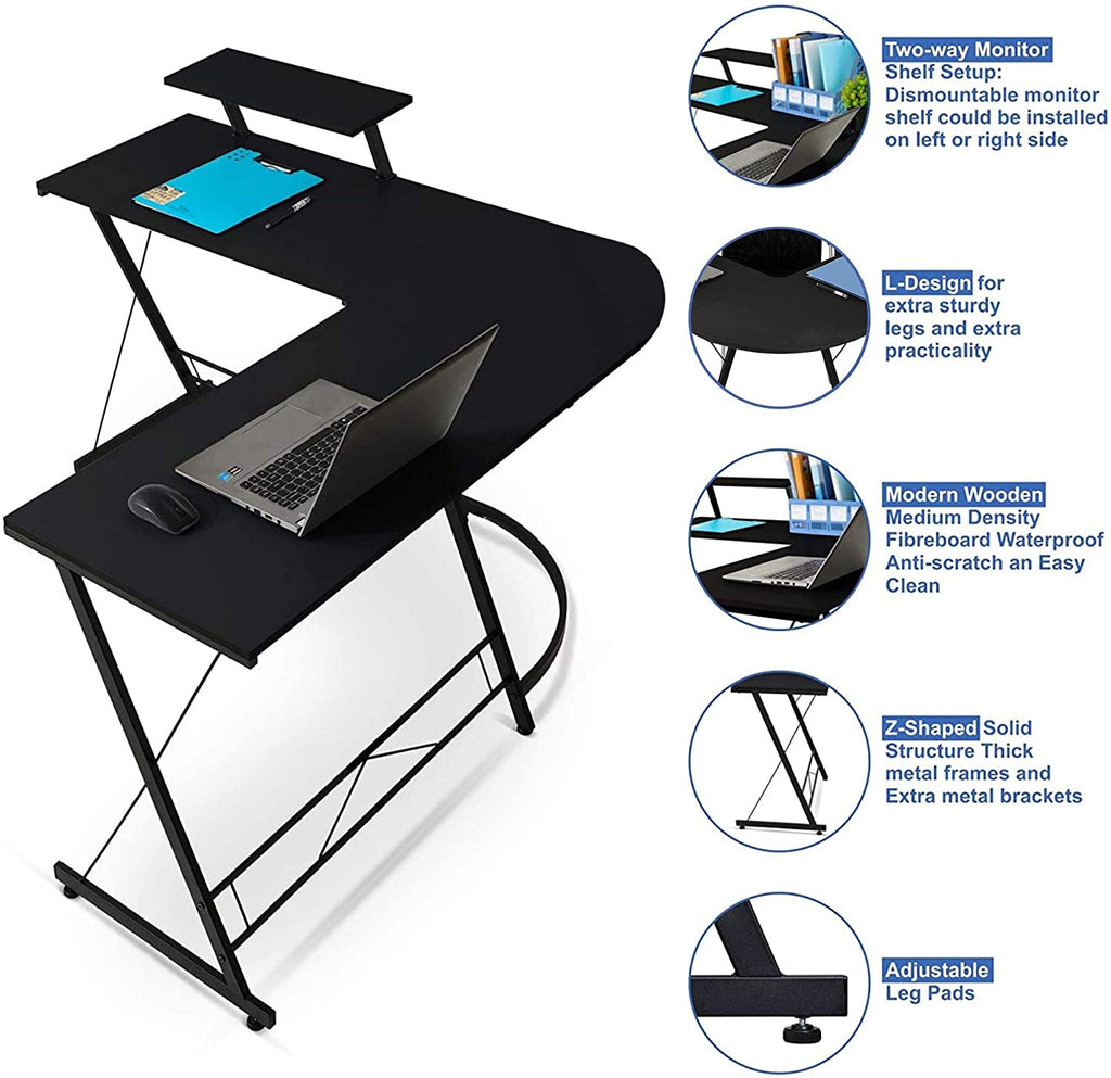 L-Shaped Corner PC Computer Desk, Large L Shape Wood Steel Metal Laptop Study Corner Workstation Gaming Desk Table for Home and Office - Black - Packed Direct UK