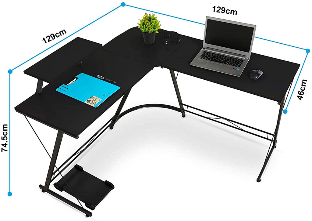 L-Shaped Corner PC Computer Desk, Large L Shape Wood Steel Metal Laptop Study Corner Workstation Gaming Desk Table for Home and Office - Black - Packed Direct UK
