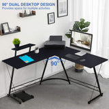 L-Shaped Corner PC Computer Desk, Large L Shape Wood Steel Metal Laptop Study Corner Workstation Gaming Desk Table for Home and Office - Black - Packed Direct UK