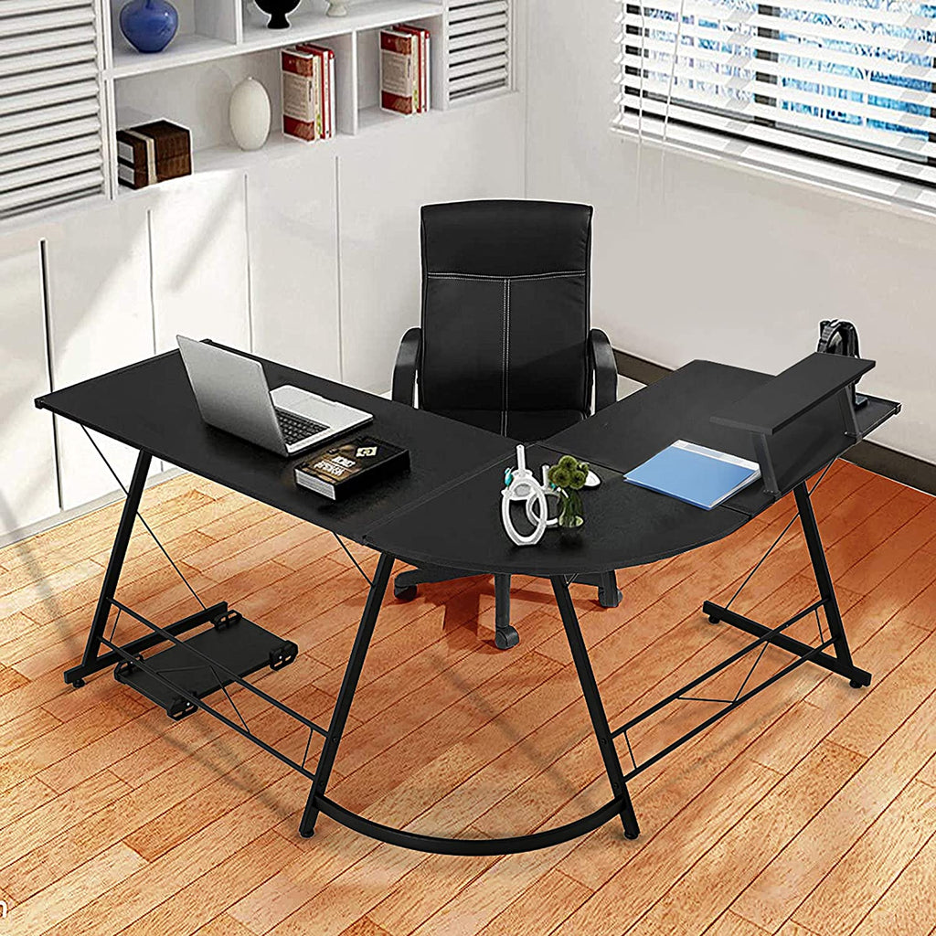 L-Shaped Corner PC Computer Desk, Large L Shape Wood Steel Metal Laptop Study Corner Workstation Gaming Desk Table for Home and Office - Black - Packed Direct UK