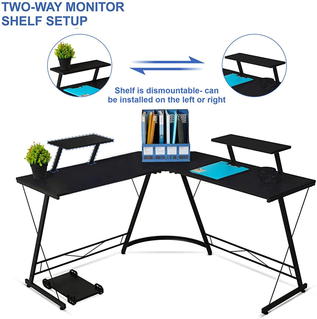 L-Shaped Corner PC Computer Desk, Large L Shape Wood Steel Metal Laptop Study Corner Workstation Gaming Desk Table for Home and Office - Black - Packed Direct UK