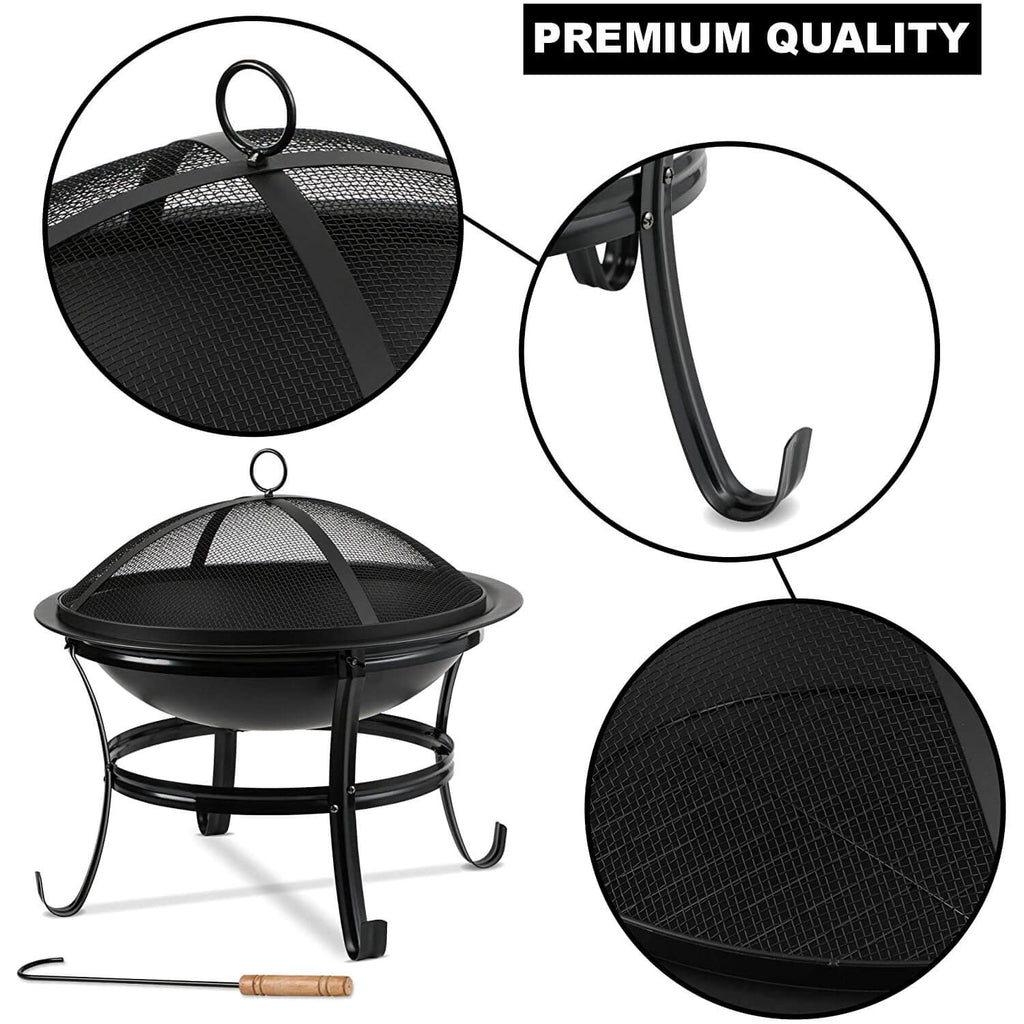 Large Steel Metal Fire Pit for Outdoor Garden Patio Heater Camping Bowl with Lid & Poker , Wood & Coal Burning , Large Black - Packed Direct UK