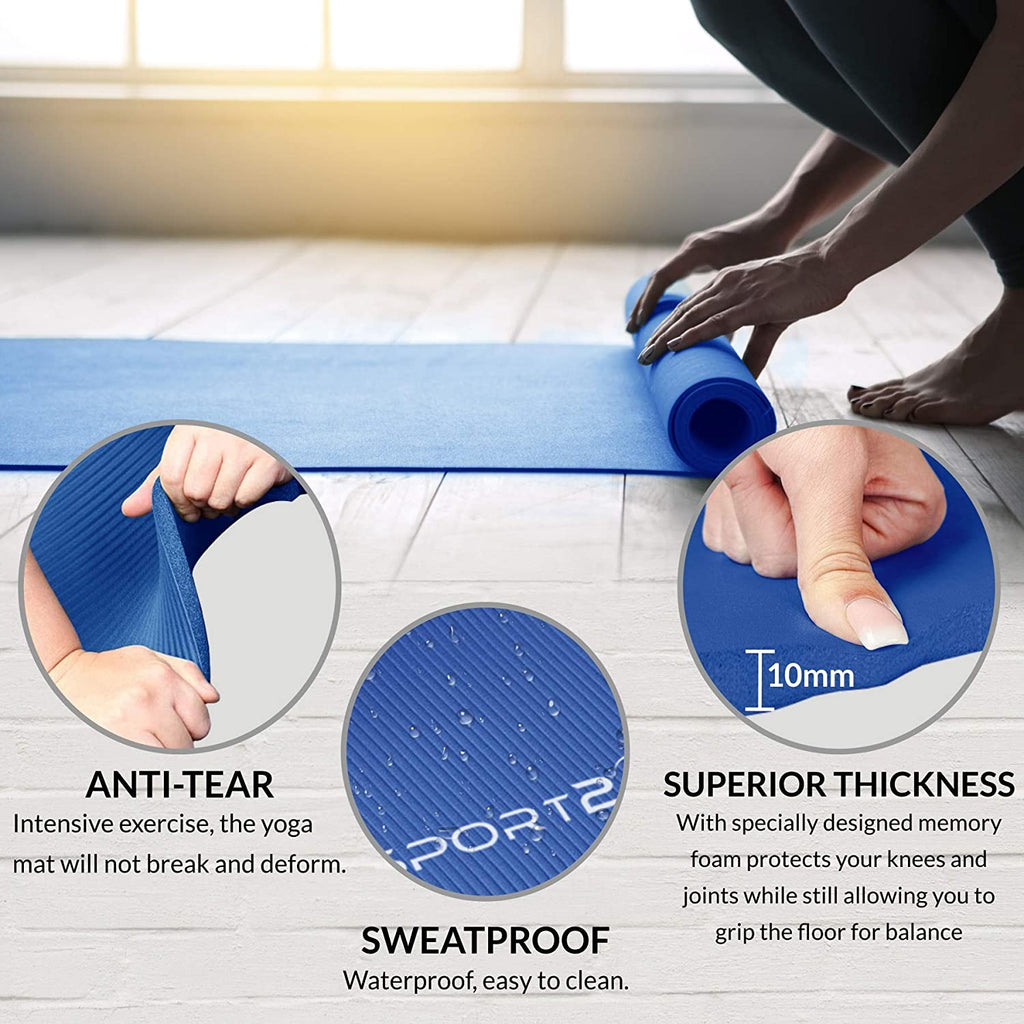 Sport24 Yoga Mat NBR Non-slip Multipurpose- Pilates, Ab workouts, Stretching, Push ups, Gymnastics- 183cm X 62cm X 1cm with Carry Strap- Men/Women