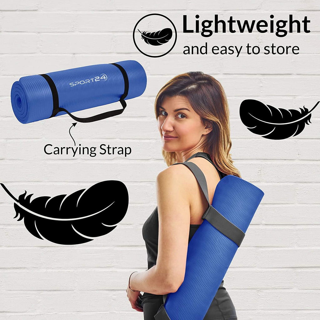 Sport24 Yoga Mat NBR Non-slip Multipurpose- Pilates, Ab workouts, Stretching, Push ups, Gymnastics- 183cm X 62cm X 1cm with Carry Strap- Men/Women