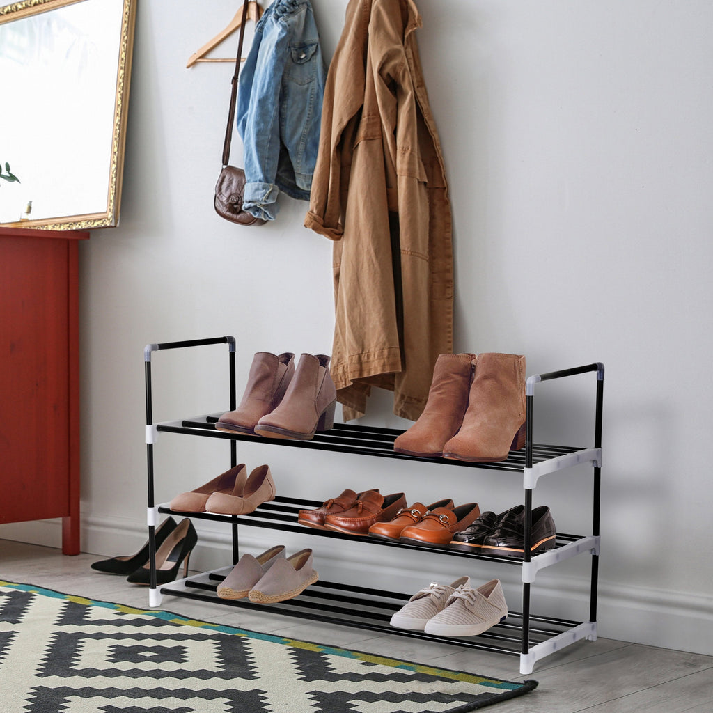 Olsen & Smith 3 Tier Shoe Storage Rack Organiser Small , Quick Assembly No Tools Required, Holds 12 to 15 pairs (W) 92cm x (H) 54cm x (D) 29cm Black - Packed Direct UK