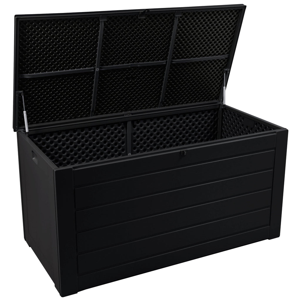 Olsen & Smith Outdoor Plastic Garden Storage Box Bench Shed -Weatherproof Sit On Wood Effect Chest (830L, Anthracite) - Packed Direct UK
