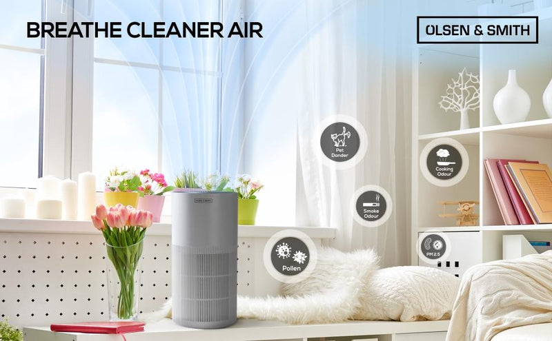 Olsen & Smith Portable Electric Tower Air Purifier with HEPA H11 Filter for Home Bedroom Bedside Table Kitchen Home Office Dust Pollen White - Packed Direct UK