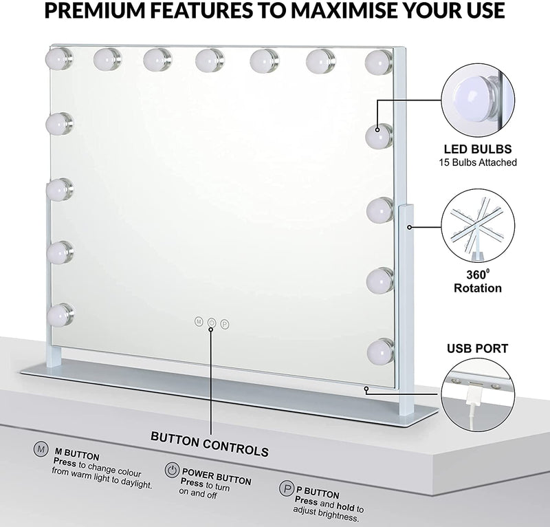 Olsen & Smith Tabletop Hollywood Vanity Makeup Mirror with 15 Dimmable LED Bulbs Lights for Dressing Table White - Packed Direct UK