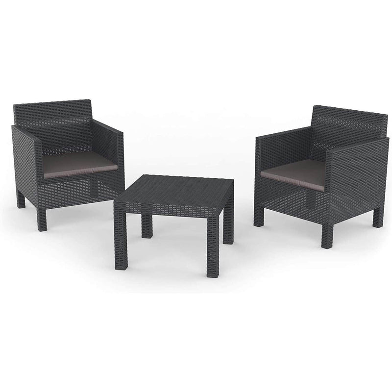 Penelope 3 Piece 2 Person Weatherproof Rattan Outdoor Garden Lawn Decking Balcony Furniture Set, 2x Chair + 1x Table, Anthracite - Packed Direct UK