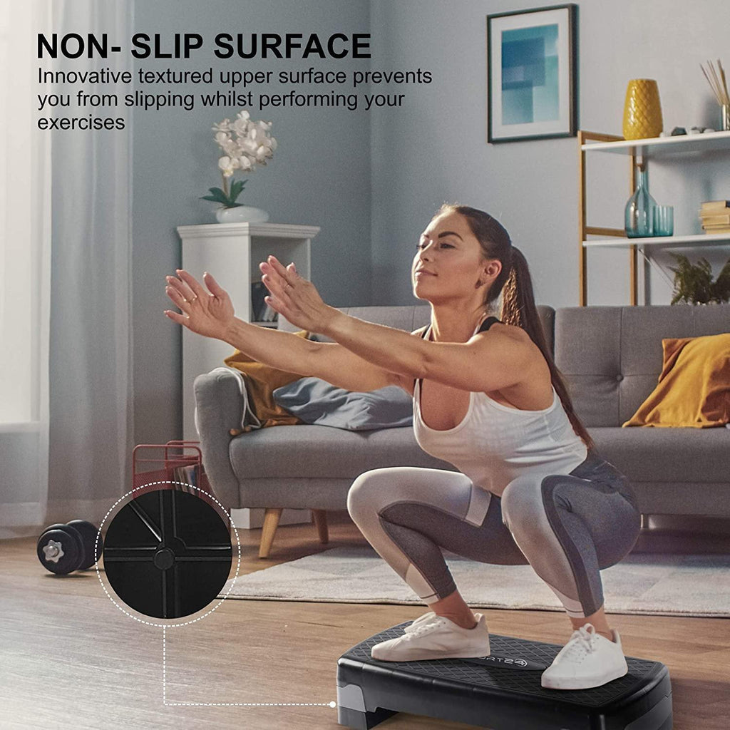 Sport24 Height Adjustable Aerobic Exercise Stepper Box For Home Exercise Workout, 2x Height Level 10cm 4”, 15cm 6”, Raised Platform Steppers Board Block, Home Gym Fitness Equipment Black Grey - Packed Direct UK