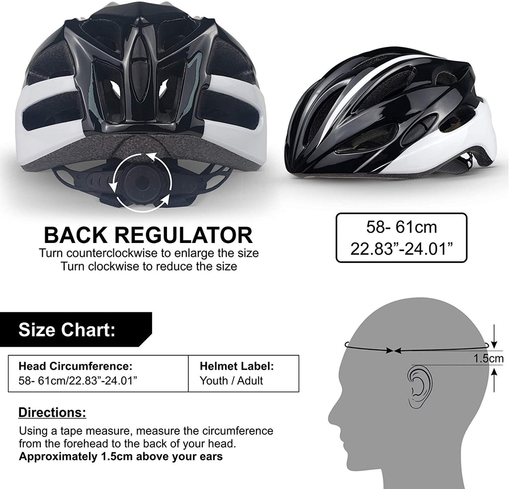 SPORT24 Lightweight Bike Cycle Helmet Road Bike Cycling Safety Helmet for Men Women (Fits Head Sizes 58-61cm) Black White - Packed Direct UK