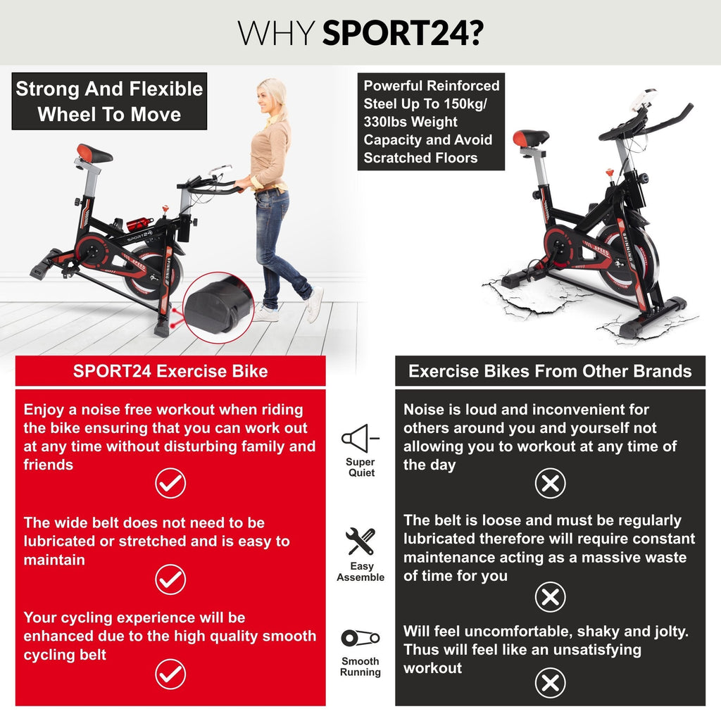SPORT24 Stationary Upright Exercise Spinning Bike for Home Use, LCD Multi-Function Monitor, Cardio Trainer, Indoor Fitness, Multi-Resistance Levels, Flywheel Bicycle, 2021 Edition - Packed Direct UK