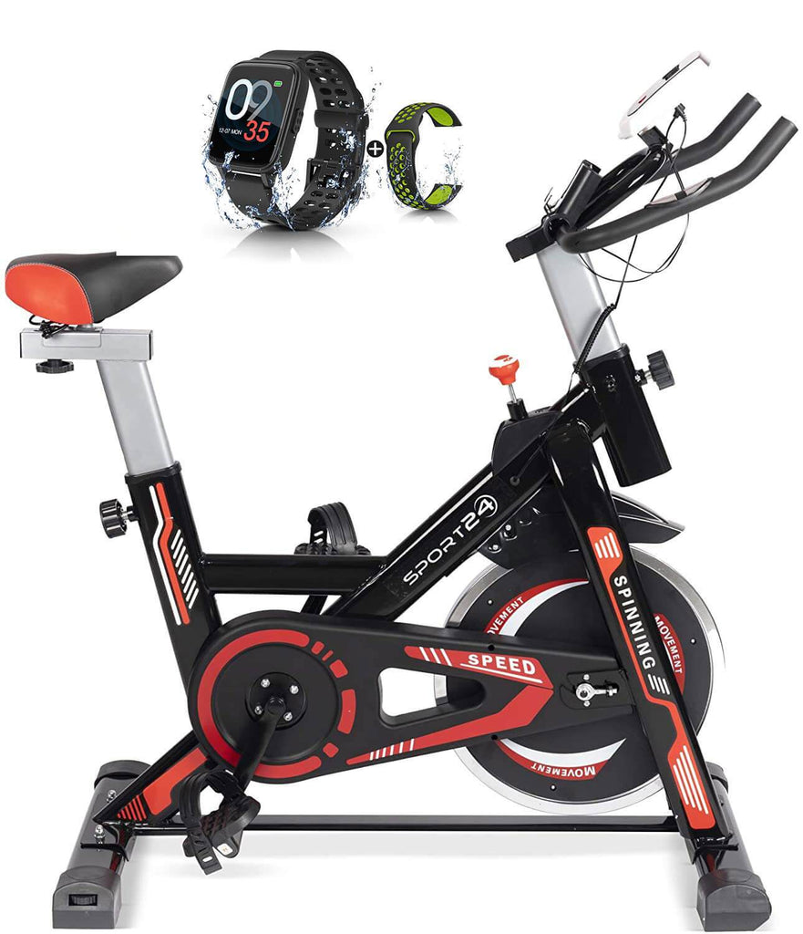 SPORT24 Stationary Upright Exercise Spinning Bike for Home Use, LCD Multi-Function Monitor, Cardio Trainer, Indoor Fitness, Multi-Resistance Levels, Flywheel Bicycle, 2021 Edition - Packed Direct UK